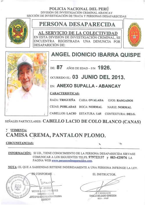 Denuncia policial sobre desaparición de Ángel Ibarra Quispe
